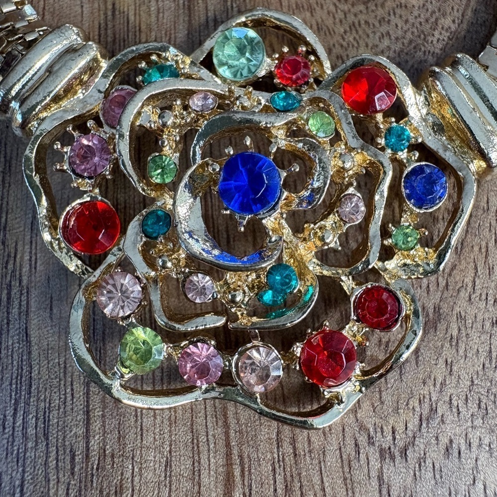Vintage Gold Tone Statement Necklace Multi Color Rhinestone Rose Flower Collar - Picture 3 of 9